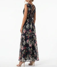 Moda Tara Floral Print Pleated Chiffon V-Neck Dress