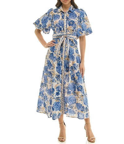 Moda Tara Floral Print Puff Sleeve Button Down Shirtdress