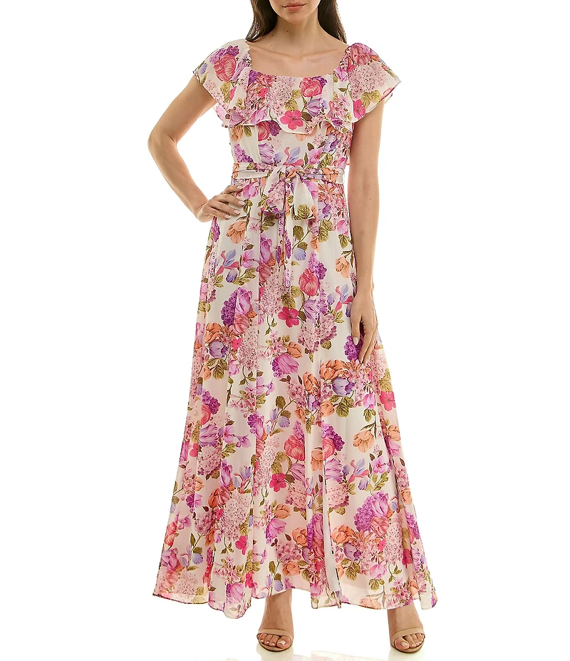 Moda Tara Floral Print Ruffle Square Neck Short Sleeve Chiffon Maxi Dress