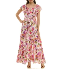 Moda Tara Floral Print Ruffle Square Neck Short Sleeve Chiffon Maxi Dress