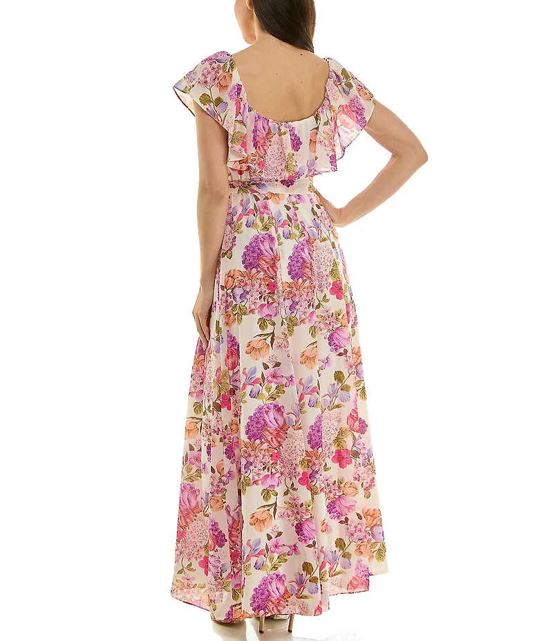 Moda Tara Floral Print Ruffle Square Neck Short Sleeve Chiffon Maxi Dress