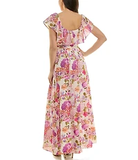 Moda Tara Floral Print Ruffle Square Neck Short Sleeve Chiffon Maxi Dress