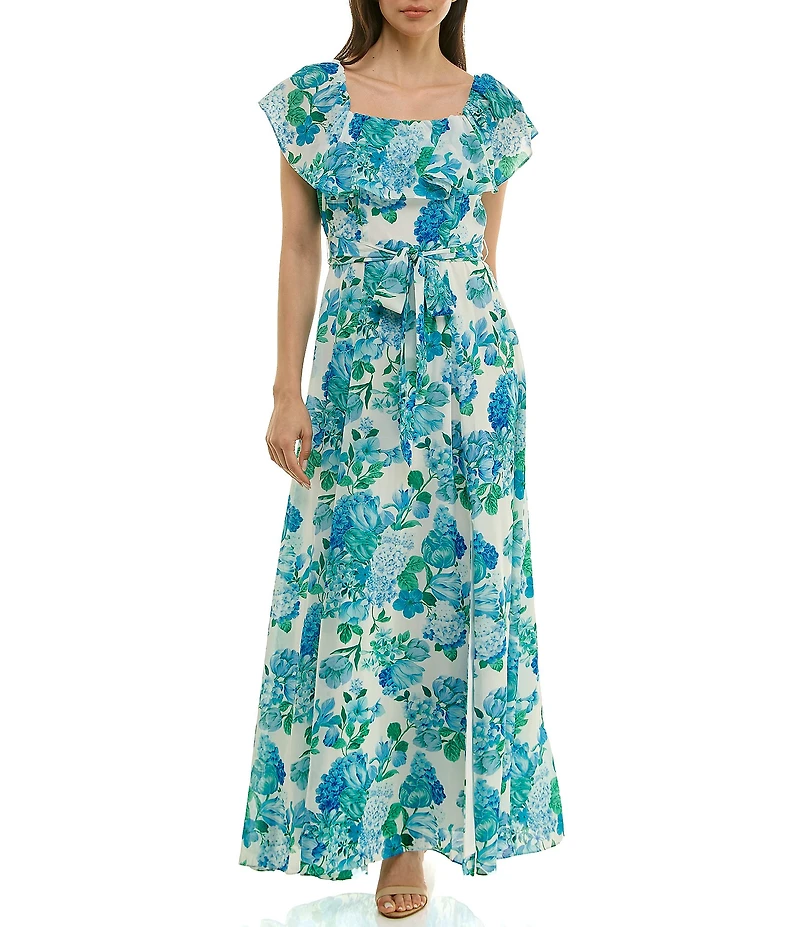 Moda Tara Floral Print Ruffle Square Neck Short Sleeve Chiffon Maxi Dress