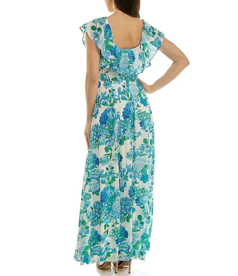 Moda Tara Floral Print Ruffle Square Neck Short Sleeve Chiffon Maxi Dress