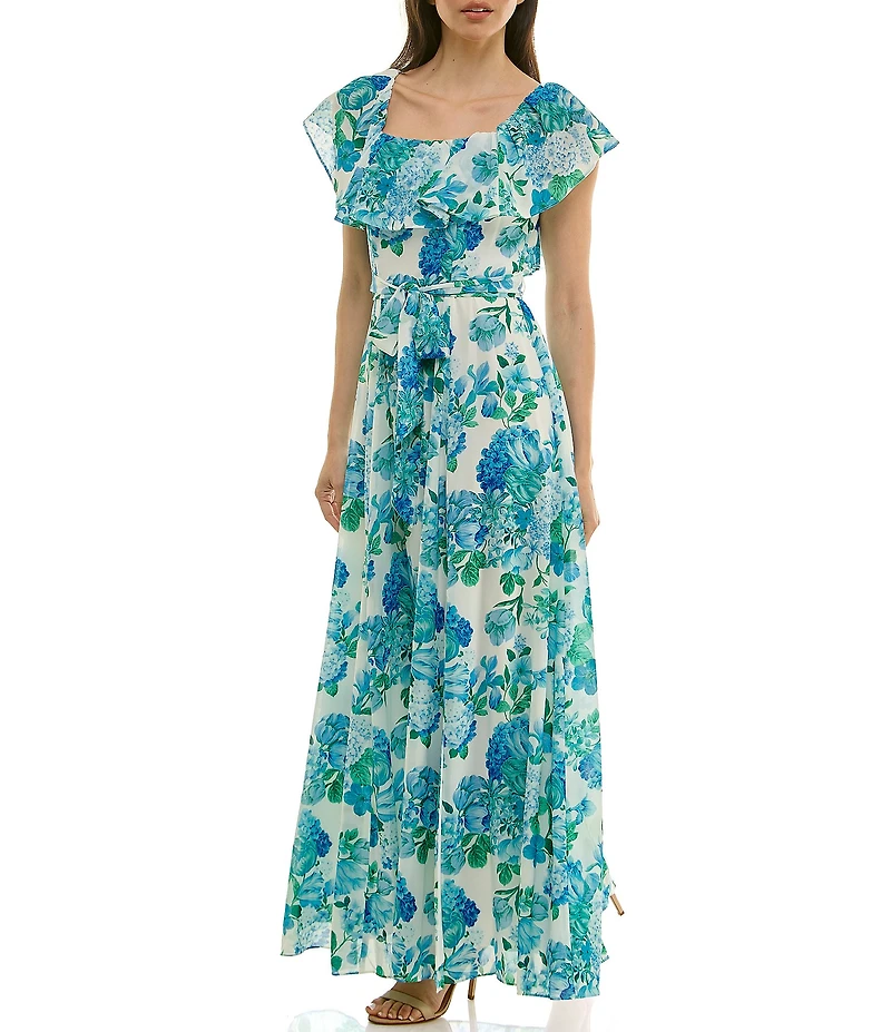 Moda Tara Floral Print Ruffle Square Neck Short Sleeve Chiffon Maxi Dress