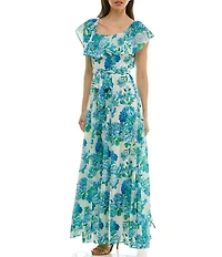 Moda Tara Floral Print Ruffle Square Neck Short Sleeve Chiffon Maxi Dress