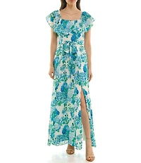 Moda Tara Floral Print Ruffle Square Neck Short Sleeve Chiffon Maxi Dress