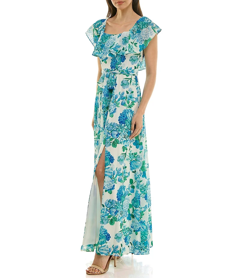 Moda Tara Floral Print Ruffle Square Neck Short Sleeve Chiffon Maxi Dress