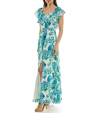 Moda Tara Floral Print Ruffle Square Neck Short Sleeve Chiffon Maxi Dress