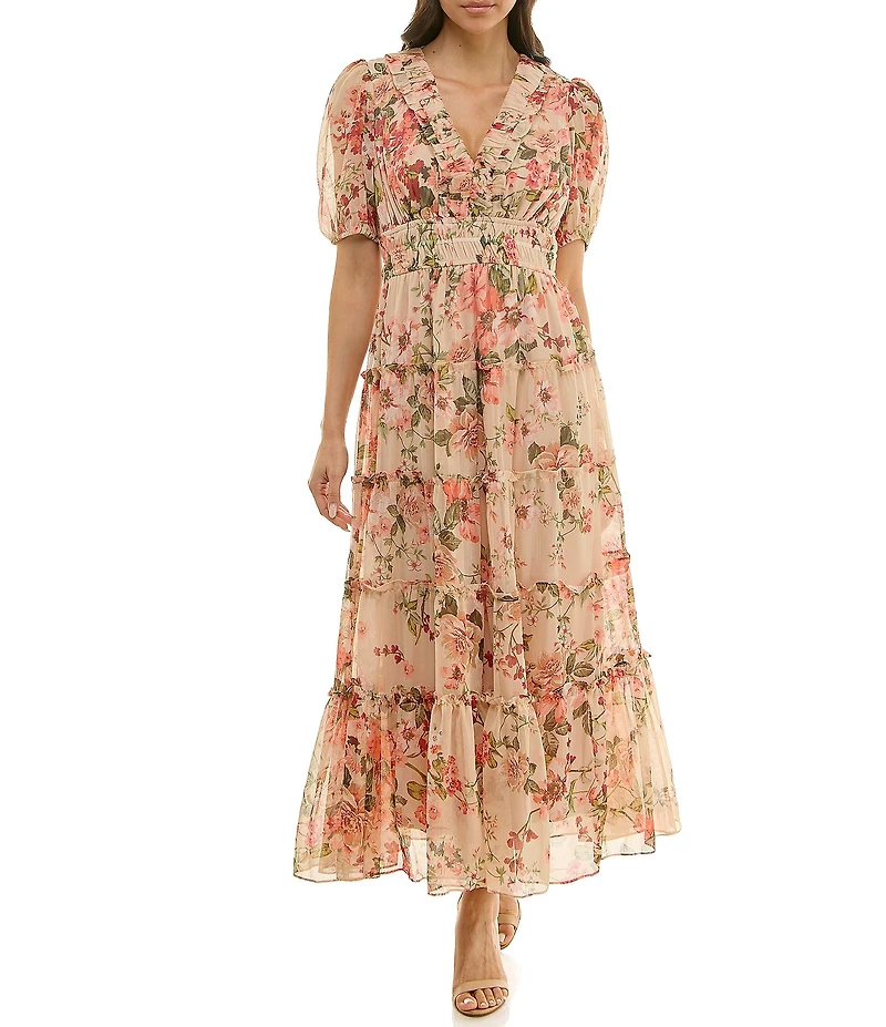 Moda Tara Floral Print Stripe Chiffon Ruffle V-Neck Short Sleeve Tiered Midi Dress