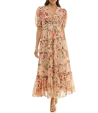 Moda Tara Floral Print Stripe Chiffon Ruffle V-Neck Short Sleeve Tiered Midi Dress