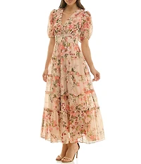 Moda Tara Floral Print Stripe Chiffon Ruffle V-Neck Short Sleeve Tiered Midi Dress