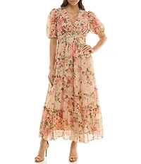 Moda Tara Floral Print Stripe Chiffon Ruffle V-Neck Short Sleeve Tiered Midi Dress