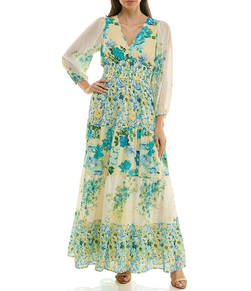 Moda Tara Floral Printed V-Neck Long Sleeve Chiffon Maxi Dress