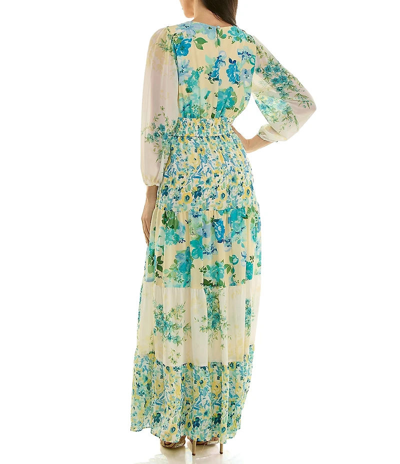 Moda Tara Floral Printed V-Neck Long Sleeve Chiffon Maxi Dress