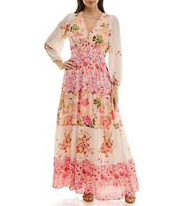 Moda Tara Floral Printed V-Neck Long Sleeve Chiffon Maxi Dress