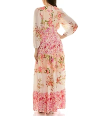 Moda Tara Floral Printed V-Neck Long Sleeve Chiffon Maxi Dress