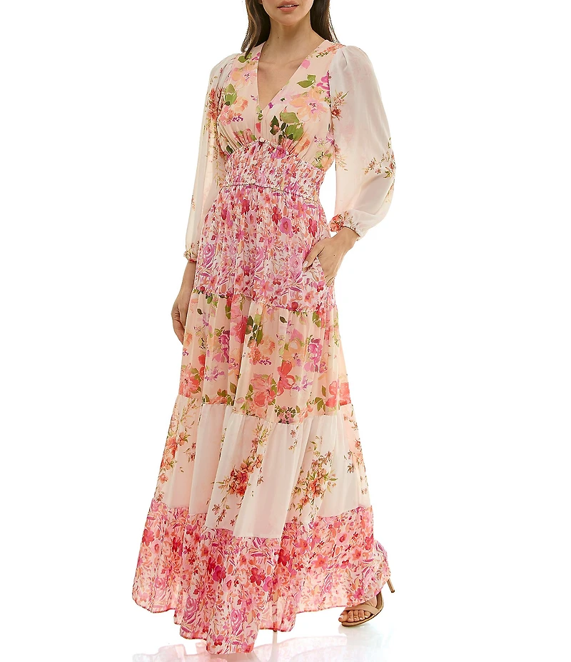 Moda Tara Floral Printed V-Neck Long Sleeve Chiffon Maxi Dress