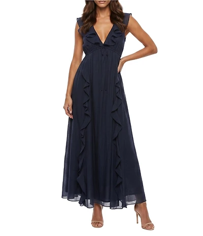 Moda Tara Front Ruffle V Neck Woven Chiffon Long Dress