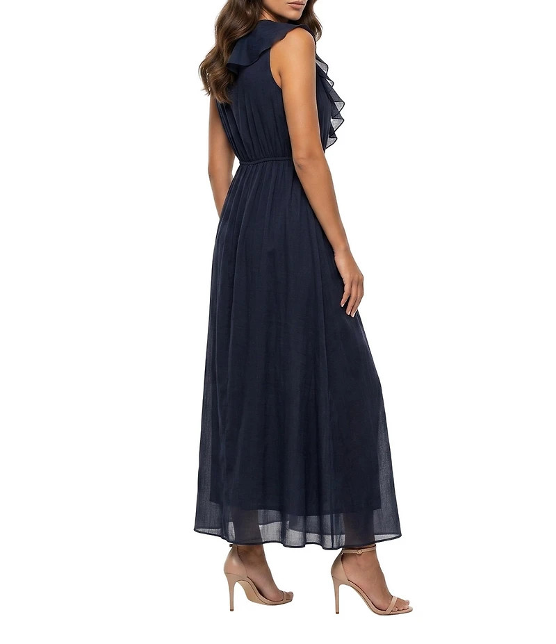 Moda Tara Front Ruffle V Neck Woven Chiffon Long Dress