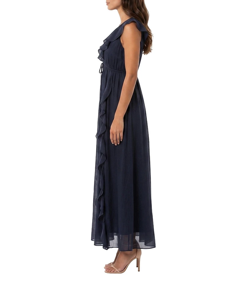 Moda Tara Front Ruffle V Neck Woven Chiffon Long Dress