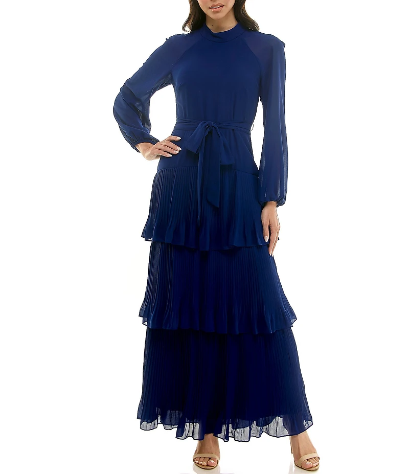 Moda Tara Georgette Chiffon Mock Neck Long Sleeve Pleated Tiered Dress
