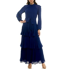 Moda Tara Georgette Chiffon Mock Neck Long Sleeve Pleated Tiered Dress