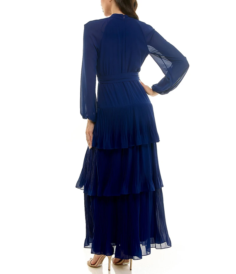 Moda Tara Georgette Chiffon Mock Neck Long Sleeve Pleated Tiered Dress