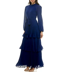 Moda Tara Georgette Chiffon Mock Neck Long Sleeve Pleated Tiered Dress
