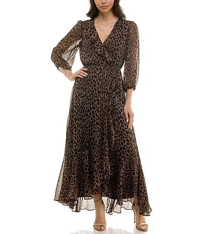 Moda Tara Leopard Print Chiffon 3/4 Sleeve Faux Wrap Dress