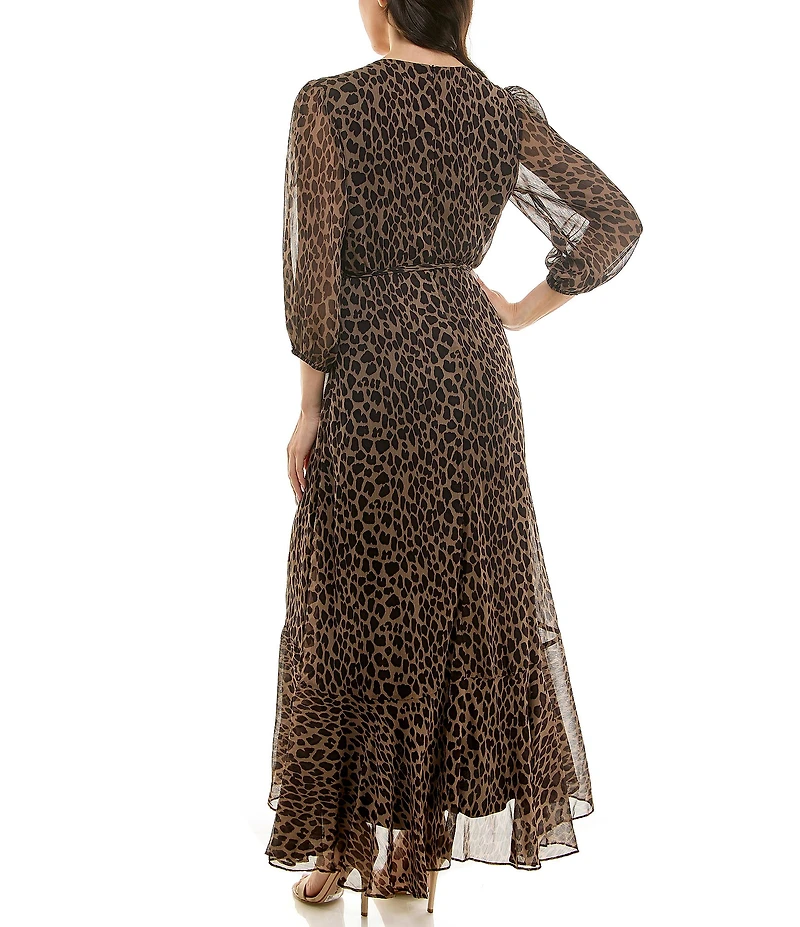 Moda Tara Leopard Print Chiffon 3/4 Sleeve Faux Wrap Dress