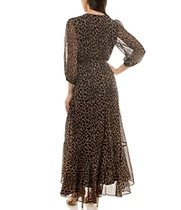 Moda Tara Leopard Print Chiffon 3/4 Sleeve Faux Wrap Dress