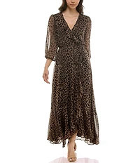 Moda Tara Leopard Print Chiffon 3/4 Sleeve Faux Wrap Dress