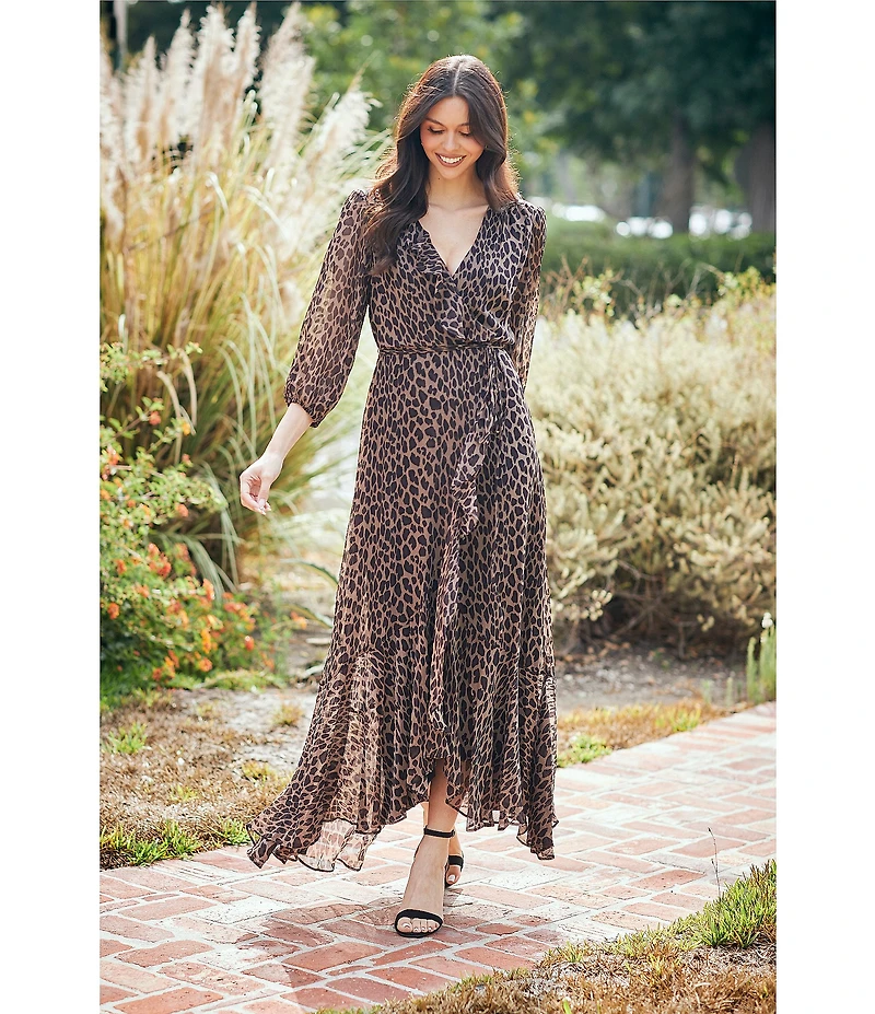 Moda Tara Leopard Print Chiffon 3/4 Sleeve Faux Wrap Dress