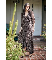 Moda Tara Leopard Print Chiffon 3/4 Sleeve Faux Wrap Dress