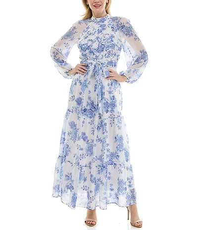 Moda Tara Long Sleeve Mock Neck Floral Printed Chiffon Maxi Dress