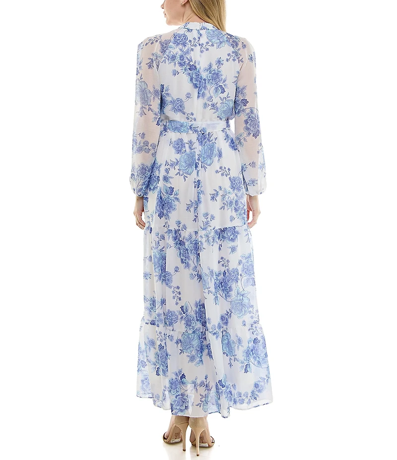 Moda Tara Long Sleeve Mock Neck Floral Printed Chiffon Maxi Dress