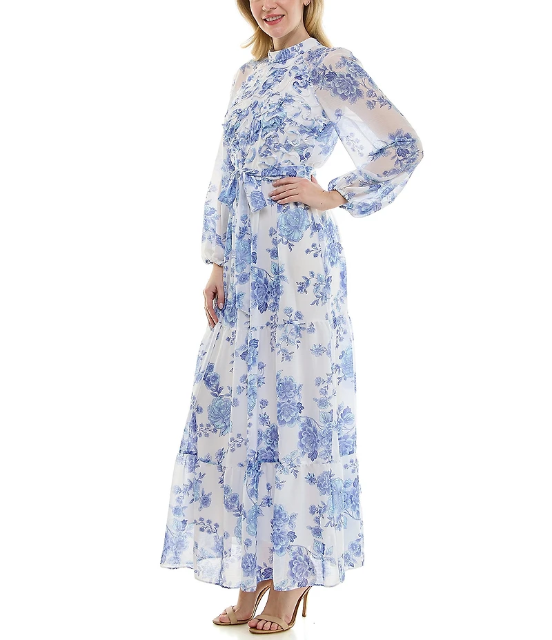 Moda Tara Long Sleeve Mock Neck Floral Printed Chiffon Maxi Dress