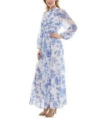 Moda Tara Long Sleeve Mock Neck Floral Printed Chiffon Maxi Dress