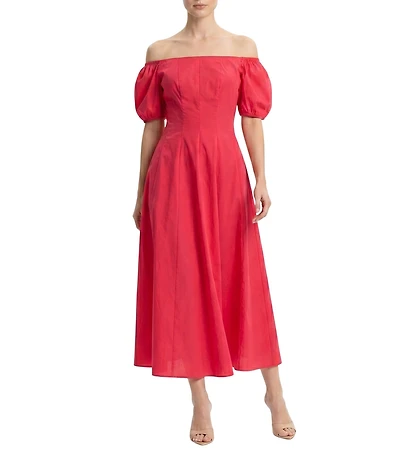 Moda Tara Off The Shoulder Puff Sleeve Stretch Cotton Poplin Dress