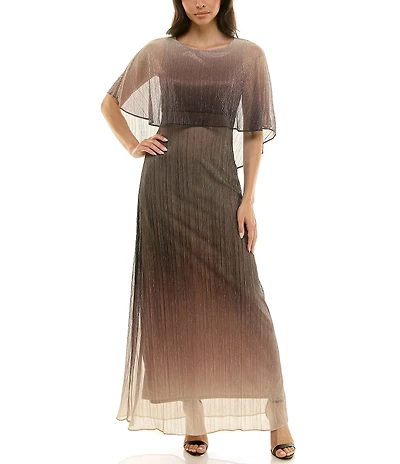 Moda Tara Ombre Print Crinkle Lurex Mesh Short Capelet Sleeve Gown