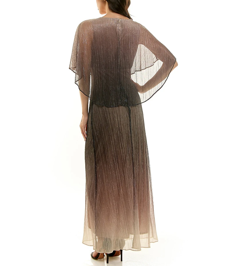 Moda Tara Ombre Print Crinkle Lurex Mesh Short Capelet Sleeve Gown