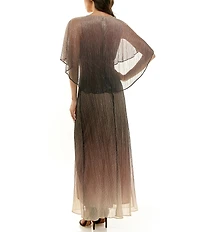Moda Tara Ombre Print Crinkle Lurex Mesh Short Capelet Sleeve Gown