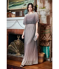 Moda Tara Ombre Print Crinkle Lurex Mesh Short Capelet Sleeve Gown