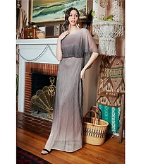 Moda Tara Ombre Print Crinkle Lurex Mesh Short Capelet Sleeve Gown