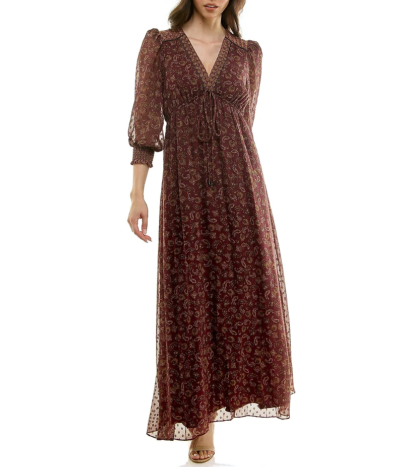 Moda Tara Paisley Clip Dot Chiffon 3/4 Sleeve Maxi Dress