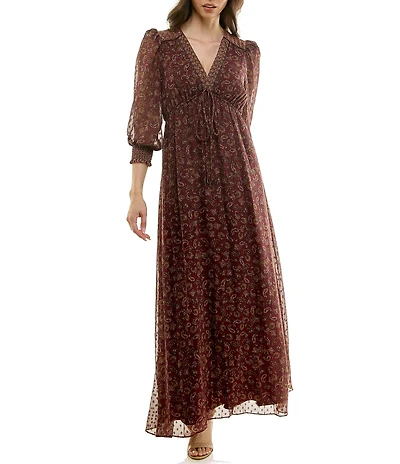 Moda Tara Paisley Clip Dot Chiffon 3/4 Sleeve Maxi Dress