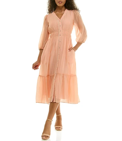 Moda Tara Pleated 3/4 Sleeve A Line Button Front Midi Dress