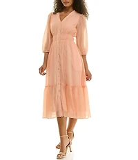 Moda Tara Pleated 3/4 Sleeve A Line Button Front Midi Dress