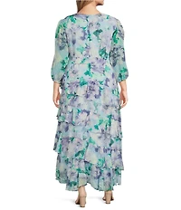 Moda Tara Plus Size 3/4 Sleeve Floral Print Chiffon Faux Wrap Maxi Dress